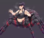  arachne black_hair black_shirt black_shorts dark_background extra_eyes half_updo insect_girl jorouyome-chan long_hair looking_at_viewer monster_girl multiple_legs nipples original outstretched_arms parted_lips puffy_nipples shirt shorts simple_background spider_girl steam sweat yu02j0 