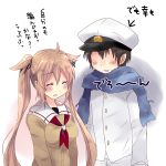  1boy 1girl admiral_(kantai_collection) blonde_hair blue_scarf blush brown_hair cardigan closed_eyes commentary_request eyebrows_visible_through_hair faceless faceless_male hair_between_eyes hair_flaps hair_ribbon hat highres hirune_(konekonelkk) kantai_collection long_hair military military_uniform murasame_(kantai_collection) neckerchief open_mouth peaked_cap red_neckwear ribbon sailor_collar scarf short_hair simple_background translation_request twintails uniform very_long_hair white_background yellow_cardigan 