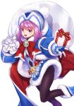 1girl ankh badge bangs beanie belt black_legwear blue_coat blue_footwear blue_gloves blue_headwear blush boots bow box coat fate/grand_order fate/grand_order_arcade fate_(series) fur-trimmed_coat fur-trimmed_dress fur_trim gift gift_box gloves hat helena_blavatsky_(christmas)_(fate) helena_blavatsky_(fate/grand_order) highres hooded_coat large_bow long_sleeves looking_at_viewer matsuryuu open_clothes open_coat open_mouth outstretched_arm pantyhose purple_eyes purple_hair red_bow sack short_hair simple_background smile solo thighs white_background 