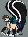  animate_inanimate binturongboy bottomwear claws clothing collar crouching digitigrade hi_res human invalid_tag living_rubber male mammal mephitid pants paws shirt skunk snout topwear torn_clothing transformation 
