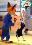  2016 absurd_res anthro canid canine clothed clothing detailed_background disney dress female fennec finnick footwear fox fur grey_body grey_fur hi_res high_heels holding_object jewelry judy_hopps lagomorph leporid male mammal monmokamoko necklace necktie nick_wilde police_uniform rabbit red_body red_fox red_fur shoes standing star tongue tongue_out uniform zootopia 