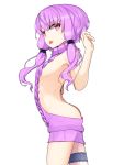  1girl absurdres ass bare_shoulders commentary_request eyebrows_visible_through_hair flat_chest from_side hair_ornament highres long_hair meme_attire pink_eyes pink_hair pon_(shind_997) purple_hair simple_background solo thigh_strap tongue tongue_out twintails virgin_killer_sweater vocaloid voiceroid white_background yuzuki_yukari 