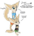  2019 ambiguous_gender anthro arm_support barefoot blue_eyes bottomwear brown_eyes canid canine cassy_(robcivecat) cheek_tuft clothed clothing crossed_arms dialogue disney duo english_text facial_tuft fan_character fennec finnick fox half-closed_eyes hand_on_head head_tuft inner_ear_fluff leaning leaning_forward mammal narrowed_eyes robcivecat shorts simple_background size_difference smile standing text tuft white_background zootopia 