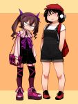  2girls adapted_costume backpack bag bare_legs black_dress black_hair black_overalls brown_hair cabbie_hat capelet contemporary dilated_pupils dress garter_straps hair_between_eyes hairband hands_in_pockets hat high_tops himekaidou_hatate long_sleeves looking_at_viewer multicolored multicolored_clothes multicolored_legwear multiple_girls overall_shorts overalls pigeon-toed pink_footwear platform_footwear pom_pom_(clothes) purple_hairband purple_neckwear red_backpack red_footwear red_headwear shameimaru_aya shimizu_pem shirt shoes short_hair short_hair_with_long_locks smile sneakers t-shirt thighhighs touhou v-shaped_eyebrows white_shirt 