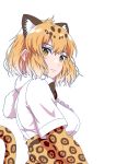  1girl animal_ear_fluff animal_ears animal_print arm_at_side bangs bow bowtie brown_eyes brown_hair closed_mouth elbow_gloves extra_ears eyebrows_visible_through_hair frills from_side fur_scarf gloves high-waist_skirt highres jaguar_(kemono_friends) jaguar_ears jaguar_print jaguar_tail kemono_friends light_brown_hair looking_at_viewer looking_to_the_side medium_hair multicolored_hair print_gloves print_skirt quatre_aaaa scarf shirt short_sleeves sidelocks simple_background skirt smile solo tail two-tone_hair upper_body white_background 