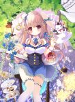  1girl :o animal animal_ears bangs bare_shoulders blue_flower blue_neckwear blue_rose blue_skirt blush book braid breasts brown_hair bunny bunny_ears cake card cleavage club_(shape) collar commentary_request cup detached_collar diamond_(shape) eyebrows_visible_through_hair flower food frilled_skirt frills heart long_hair macaron medium_breasts off-shoulder_shirt off_shoulder open_book original parted_lips playing_card red_eyes rose saucer shirt skirt solo tea teacup teapot thighhighs tiered_tray twitter_username very_long_hair white_collar white_legwear white_shirt yuutsuki_hina 