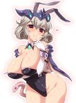  1girl animal_ears arm_under_breasts bangs bare_shoulders black_bow black_ribbon blush bow breast_hold breasts bunny_ears bunny_girl bunny_tail bunnysuit cameltoe capelet character_request cleavage commentary_request copyright_request covered_navel cowboy_shot curly_hair detached_collar elbow_gloves eyebrows_visible_through_hair fake_tail finger_to_mouth gem gloves groin hair_between_eyes hand_up headgear heart highres horns large_breasts leotard looking_at_viewer red_eyes ribbon short_hair silver_hair simple_background smile snake strapless strapless_leotard tail white_background white_gloves wrist_cuffs yoshi_tama 