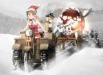  3girls annin_musou antlers bare_shoulders bell bismarck_(kantai_collection) blonde_hair blue_eyes blush brown_eyes brown_gloves brown_hair christmas commentary_request detached_sleeves driving enemy_aircraft_(kantai_collection) eyebrows_visible_through_hair fairy_(kantai_collection) fringe_trim fur_trim glasses gloves grey_hair ground_vehicle hair_between_eyes hat kantai_collection littorio_(kantai_collection) long_hair military military_uniform motor_vehicle multiple_girls open_mouth peaked_cap pince-nez pom_pom_(clothes) reindeer_antlers roma_(kantai_collection) santa_costume santa_hat scarf shinkaisei-kan smile snow snowing snowman striped striped_scarf the_roma-like_snowman uniform white_gloves 