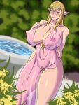  2018 3:4 big_breasts blonde_hair blush breasts clothing elf female hair hi_res huge_breasts humanoid humanoid_pointy_ears nipples not_furry pubes solo tesan translucent translucent_clothing 