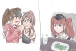  3girls artist_name artist_request atlanta_(kantai_collection) blush breast_envy brown_eyes brown_hair commentary crying crying_with_eyes_open earrings english_commentary garrison_cap glass grey_eyes hachimaki hair_intakes hand_on_another&#039;s_shoulder hat headband high_ponytail japanese_clothes jewelry kantai_collection kariginu long_sleeves look-alike meme multiple_girls muneate open_mouth pointing_at_another ryuujou_(kantai_collection) shirt star star_earrings suspenders tears twintails upper_body visor_cap white_shirt zuihou_(kantai_collection) 