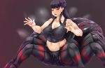  arachne black_hair black_shirt black_shorts check_commentary commentary commentary_request dark_background extra_eyes half_updo insect_girl jorouyome-chan long_hair looking_at_viewer monster_girl multiple_legs nipples original outstretched_arms parted_lips puffy_nipples shirt shorts simple_background spider_girl steam sweat yu02j0 