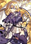  1girl akae_neo armor armored_dress bangs black_gloves blonde_hair blue_eyes blush braid breasts chain commentary_request dress eyebrows_visible_through_hair fate/grand_order fate_(series) flag gloves grin headpiece highres holding holding_flag jeanne_d&#039;arc_(fate) jeanne_d&#039;arc_(fate)_(all) long_hair looking_at_viewer medium_breasts purple_dress purple_legwear smile solo standing standing_on_one_leg sword thighhighs v-shaped_eyebrows very_long_hair weapon 