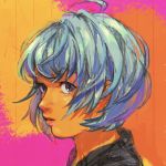  ahoge androgynous bangs black_clothes blue_hair from_side highres kaorkto multicolored multicolored_background open_mouth original portrait short_hair sketch solo 