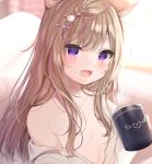  1girl :d animal_ear_fluff animal_ears bare_shoulders blurry blurry_background braid breasts brown_hair cat_ears collarbone commentary_request cup depth_of_field fang hair_censor hair_ornament hair_over_breasts hairclip heart holding holding_cup leo_(mafuyu) long_hair looking_at_viewer mafuyu_(chibi21) mug multicolored_hair off_shoulder open_clothes open_mouth open_shirt original pillow purple_eyes purple_hair shirt small_breasts smile solo streaked_hair upper_body white_shirt 