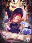  1girl black_dress black_headwear blurry blurry_foreground book broom calligraphy_brush commentary depth_of_field dress erlenmeyer_flask feathers flower flower_pot gem hat highres holding holding_flower indoors inkling_(language) inkwell jellyfish_(splatoon) leaf light_particles long_sleeves magic_circle makeup mascara medium_hair needle octoling paintbrush parted_lips plant potion purple_eyes red_hair splat_bomb_(splatoon) splatoon_(series) spoon suction_cups sunlight tentacle_hair vial window witch witch_hat yamagishi_chihiro 
