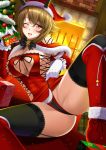  1girl ass bangs bare_shoulders black_bow black_legwear blush boots bow bowtie box breasts brown_hair christmas christmas_tree cleavage cleavage_cutout cross-laced_clothes dress dress_lift elbow_gloves fireplace gift gift_box gloves green_eyes hat kantai_collection knee_boots lace lace-trimmed_legwear large_breasts looking_at_viewer mutsu_(kantai_collection) one_eye_closed open_mouth panties radio_antenna red_dress red_footwear red_panties santa_costume santa_hat shibata_rai short_dress short_hair sideboob smile solo thighhighs_under_boots thighs underwear white_gloves 