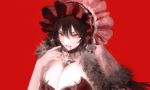  1girl black_choker black_hair bloody_mouth breasts choker cleavage fur hand_up ilya_ornstein large_breasts looking_at_viewer pale_skin princess_connect! princess_connect!_re:dive red_background red_eyes short_hair solo sonchi upper_body 