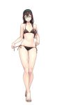  1girl alternate_costume bangs bare_arms bare_legs bare_shoulders bikini black_bikini black_hair blue_eyes blush breasts collarbone commentary_request eyebrows_visible_through_hair flip-flops full_body glasses hairband highres holding kantai_collection long_hair looking_at_viewer navel ooyodo_(kantai_collection) open_mouth sandals side-tie_bikini simple_background skindentation small_breasts smile solo standing swimsuit white_background yuuji_(and) 