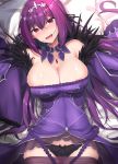  1girl areola_slip areolae bangs bed blush breasts cleavage commentary_request dress embarrassed fate/grand_order fate_(series) feather_trim hair_between_eyes headpiece highres kazami_chiu large_breasts long_sleeves open_mouth orange_maru panties pantyhose pantyhose_pull pillow pillow_grab purple_dress purple_hair red_eyes scathach_(fate)_(all) scathach_skadi_(fate/grand_order) sweat underwear wide_sleeves 