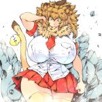  animal_ears arm_around_shoulder bangs big_hair breast_pocket breasts clenched_hand covered_nipples cowboy_shot curvy fur_collar gigantic_breasts hair_between_eyes hataraki_ari highres impossible_clothes impossible_shirt kemono_friends light_brown_hair lion_(kemono_friends) lion_ears lion_tail looking_at_viewer miniskirt necktie plaid plaid_neckwear plaid_skirt plaid_sleeves pocket red_skirt shirt short_sleeves skirt tail thighhighs walking wide_hips yellow_eyes yellow_legwear zettai_ryouiki 