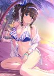  1girl bare_shoulders barefoot beach bead_bracelet beads bikini blue_bikini bracelet breasts brown_hair cleavage cloud collarbone commentary_request gradient_sky hair_ribbon hairband highres idolmaster idolmaster_cinderella_girls jewelry large_breasts long_hair looking_at_viewer multi-strapped_bikini navel necklace off_shoulder outdoors palm_tree ribbon sagisawa_fumika sheer_clothes side_ponytail sidelocks sitting sky smile solo star stomach sunset swimsuit tamakaga thighs tree white_bikini 