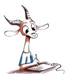  2019 ambiguous_gender antelope anthro artist bovid chico_(fuel) clothed clothing creating_art disney facial_markings fuel_(artist) gazelle head_markings holding_object horn mammal markings shirt simple_background solo stylus t-shirt tablet topwear white_background zootopia 
