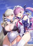  2girls :o ;d adapted_costume alcohol azur_lane bangs bare_shoulders between_breasts blue_hair blush braid breasts cleavage crystal_shoujo cup drinking_glass elbow_gloves eyebrows_visible_through_hair formidable_(azur_lane) frills gloves groin hair_ribbon highres holding holding_cup hololive large_breasts long_hair long_sleeves looking_at_viewer minato_aqua multicolored_hair multiple_girls one_eye_closed open_mouth purple_eyes purple_hair red_eyes ribbon smile swimsuit thighhighs twintails two-tone_hair two-tone_ribbon very_long_hair virtual_youtuber white_gloves white_legwear 
