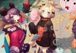  2girls abigail_williams_(fate/grand_order) balloon bandaid_on_forehead bangs bench black_bow black_jacket blonde_hair blue_eyes bow candy cotton_candy crossed_bandaids fate/grand_order fate_(series) food forehead hair_bun hair_ornament hairpin heroic_spirit_traveling_outfit high_collar hood hooded_jacket jacket katsushika_hokusai_(fate/grand_order) leaf lollipop long_hair long_sleeves mickey_mouse_ears multiple_bows multiple_girls octopus orange_belt orange_bow parted_bangs polka_dot polka_dot_bow purple_eyes purple_hair red_jacket short_hair sleeves_past_fingers sleeves_past_wrists stuffed_animal stuffed_toy teddy_bear ten-chan_(eternal_s) tentacles tokitarou_(fate/grand_order) 