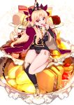  1girl absurdres arm_support asymmetrical_legwear asymmetrical_sleeves bangs between_breasts black_legwear blonde_hair breasts cape cherry collarbone commentary_request detached_collar diadem earrings ereshkigal_(fate/grand_order) fate/grand_order fate_(series) food fruit full_body fur-trimmed_cape fur_trim gold_trim highres holding holding_food hoop_earrings in_food jewelry long_hair multicolored multicolored_cape multicolored_clothes necklace oversized_food oversized_object parted_bangs red_cape red_eyes single_sleeve single_thighhigh sitting skull spine strawberry thighhighs thighs tiara two_side_up upper_teeth very_long_hair yellow_cape yuruto 