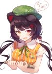  1girl animal_ears bangs baseball_cap black_hair blush brat breasts brown_eyes collared_shirt commentary_request cropped_torso dog_ears dog_hair_ornament dress_shirt eyebrows_behind_hair fang flower green_headwear hair_flower hair_ornament hat heterochromia highres holding holding_tray inui_toko long_hair looking_at_viewer low_twintails medium_breasts nijisanji open_mouth red_eyes red_flower romaji_text shirt short_sleeves simple_background solo striped striped_shirt tray twintails upper_body vertical-striped_shirt vertical_stripes virtual_youtuber white_background yellow_shirt 