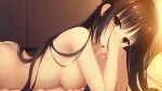  1girl ass black_hair blush breasts butt_crack cafe_stella_to_shinigami_no_chou closed_mouth earrings game_cg head_tilt highres indoors jewelry kobuichi long_hair looking_at_viewer lying medium_breasts mole mole_under_eye nipples nude on_bed on_stomach own_hands_together shiki_natsume smile solo stud_earrings yellow_eyes 
