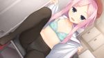  blue_eyes bra cafe_stella_to_shinigami_no_chou flat_chest game_cg hat long_hair navel open_shirt panties pantyhose pink_hair shioyama_suzune underwear yuzusoft 