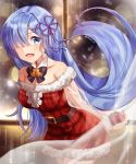  1girl :d alternate_costume alternate_hair_length alternate_hairstyle arms_behind_back bare_shoulders bell bell_collar belt blue_eyes blue_hair blush box breasts brown_belt christmas cleavage collar detached_collar dress gift gift_box hair_ornament hair_over_one_eye hair_ribbon highres kaon_(kaon_ll) long_hair looking_at_viewer medium_breasts open_mouth plaid plaid_dress purple_ribbon re:zero_kara_hajimeru_isekai_seikatsu red_dress rem_(re:zero) ribbon smile solo twitter_username x_hair_ornament 