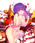  1girl apron blush breasts cherry chocolate commentary_request cream cream_on_face fate_(series) finger_licking food food_background food_on_body food_on_face fruit hair_ribbon highres large_breasts licking long_hair looking_at_viewer matou_sakura naked_apron nose_blush pink_apron purple_eyes purple_hair red_ribbon ribbon sideboob solo strawberry tongue tongue_out twitter_username valentine yuruto 