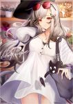 1girl absurdres azur_lane bag bangs black_hair blush breasts butterfly_hair_ornament cat character_name cleavage cowboy_shot dress dunkerque_(afternoon_aphrodite)_(azur_lane) dunkerque_(azur_lane) eyebrows_visible_through_hair eyewear_on_head floating_hair gradient_hair grey_hair hair_ornament hat highres jacket jewelry large_breasts long_hair looking_at_viewer multicolored_hair necklace nishikikope open_clothes shoulder_bag sidelocks solo sunglasses white_dress white_jacket wind 