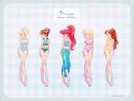  5girls adapted_costume anna_(frozen) aqua_nails ariel_(disney) arms_at_sides artist_name bangs bare_legs barefoot beauty_and_the_beast belle_(disney) bikini blonde_hair blue_bikini blue_choker blue_eyes blue_hairband blue_nails blue_neckwear blue_ribbon blunt_bangs border braid breasts brown_hair choker cinderella cinderella_(disney) cleavage clothes_around_waist collarbone commentary_request company_connection crossed_legs curly_hair disney earrings english_commentary english_text expressionless eyelashes floral_print flower freckles frozen_(disney) full_body green_bikini grey_border hair_bun hair_ornament hair_ribbon hairband happy high_ponytail jewelry lineup lips long_hair looking_away looking_to_the_side medium_breasts midriff mixed-language_commentary multiple_girls navel off_shoulder pearl_earrings plaid plaid_background ponytail profile purple_bikini purple_nails rapunzel_(disney) red_hair red_lips ribbon shiny shiny_hair small_breasts smile souno_kazuki standing star star_hair_ornament sunflower swimsuit tangled the_little_mermaid tied_hair toenail_polish toenails toes twitter_username very_long_hair yellow_bikini yellow_flower yellow_nails 