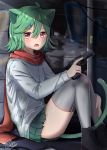  :o animal_ears artist_name blurry blurry_background blush cat_ears cat_tail dated fish_hair_ornament glock green_hair gun hair_ornament hairclip hand_on_shin handgun highres knees_up long_sleeves looking_at_viewer michiru_donut original outdoors red_eyes red_scarf scarf shirt shoes short_hair sitting tail thighhighs weapon white_legwear white_shirt 