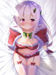  1girl absurdres ahoge arm_support azur_lane bangs blunt_bangs blush breasts capelet christmas cleavage closed_mouth collarbone commentary_request cygnet_(azur_lane) cygnet_(holy_night&#039;s_hymn)_(azur_lane) eyebrows_visible_through_hair firin from_above garter_straps gloves hair_ornament highres lavender_hair long_hair looking_at_viewer medium_breasts midriff navel pink_eyes red_gloves sitting solo thighhighs white_legwear 