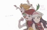  1girl 2boys :d absurdres barry_(pokemon) beanie black_hair blonde_hair blush bracelet closed_eyes closed_mouth commentary_request dawn_(pokemon) green_scarf hair_ornament hairclip hand_up hands_up hat hibariyama_(1788982) highres holding holding_poke_ball jacket jewelry long_hair lucas_(pokemon) multiple_boys open_mouth poke_ball poke_ball_(basic) pokemon pokemon_(game) pokemon_bdsp red_headwear red_scarf scarf shirt short_hair short_sleeves sidelocks sleeveless sleeveless_shirt smile strap striped striped_jacket tongue translation_request white_background 