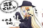  +++ 1girl :d abigail_williams_(fate/grand_order) bangs black_bow black_dress black_headwear blonde_hair blue_eyes blush bow commentary_request crossed_bandaids cup directional_arrow dress fate/grand_order fate_(series) hair_bow hat highres holding holding_spoon long_hair long_sleeves neon-tetora open_mouth orange_bow parted_bangs profile sleeves_past_fingers sleeves_past_wrists smile solo spoon translation_request very_long_hair white_background 