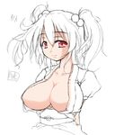  arms_behind_back bangs breasts center_opening cleavage collarbone covered_nipples gekkou_ookami hair_bobbles hair_ornament large_breasts looking_at_viewer obi onozuka_komachi open_clothes open_shirt red_eyes sash shirt signature simple_background sketch smile solo touhou two_side_up upper_body white_background 