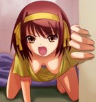  all_fours barefoot breasts breasts_apart brown_eyes brown_hair cleavage downblouse extended_downblouse hair_ribbon hanging_breasts loose_clothes loose_shirt medium_breasts neon_genesis_evangelion nipple_slip nipples open_mouth parody ribbon shirt short_hair solo souryuu_asuka_langley suzumiya_haruhi suzumiya_haruhi_no_yuuutsu 