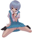  ayanami_rei blue_hair censored glasses holding holding_eyewear inuburo mosaic_censoring neon_genesis_evangelion no_panties pussy red_eyes school_uniform short_hair sitting socks solo spread_legs 