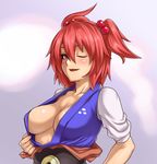  blush breasts center_opening cleavage houtengeki large_breasts one_eye_closed onozuka_komachi open_mouth red_eyes red_hair shirt_pull short_hair solo touhou two_side_up 