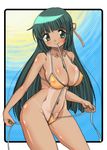  between_breasts bikini breasts covered_nipples cowboy_shot frame green_eyes green_hair hidamari_sketch hirokawa_kouichirou large_breasts long_hair looking_at_viewer mouth_hold shiny shiny_skin side-tie_bikini slingshot_tan smile solo string_bikini swimsuit tan tanline untied yoshinoya 