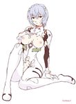 alternate_breast_size ayanami_rei bangs blue_hair blush bodysuit bracer breasts breasts_apart breasts_outside flat_color full_body gloves groin hair_between_eyes hair_ornament hand_on_ankle hand_on_own_chest hips konkitto large_breasts looking_at_viewer navel neon_genesis_evangelion nipples no_bra no_panties parted_lips pilot_suit plugsuit red_eyes short_hair simple_background sitting solo sweat torn_bodysuit torn_clothes turtleneck white_background white_bodysuit 