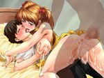  1girl anal breast_grab breasts censored cum double_penetration dress grabbing hetero ikari_shinji lactation large_breasts maachin mosaic_censoring neon_genesis_evangelion orange_hair penis sex souryuu_asuka_langley twintails vaginal yellow_dress 