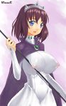  blue_eyes breasts cape covered_nipples dress henrietta_de_tristain huge_breasts nagase_haruhito open_mouth purple_hair short_hair skindentation smile solo tiara tight zero_no_tsukaima 