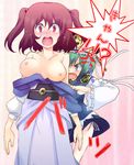  anger_vein angry assisted_exposure blue_eyes blush breasts breasts_apart fang green_hair hair_bobbles hair_ornament hat medium_breasts multiple_girls nigo_(aozoragarou) nipples off_shoulder onozuka_komachi red_eyes red_hair shiki_eiki short_hair shouting surprised tears topless touhou translated two_side_up 