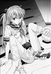  3boys artist_request breasts dildo greyscale hetero loose_socks medium_breasts monochrome multiple_boys neon_genesis_evangelion panties panties_around_one_leg school_uniform socks solo_focus souryuu_asuka_langley underwear 